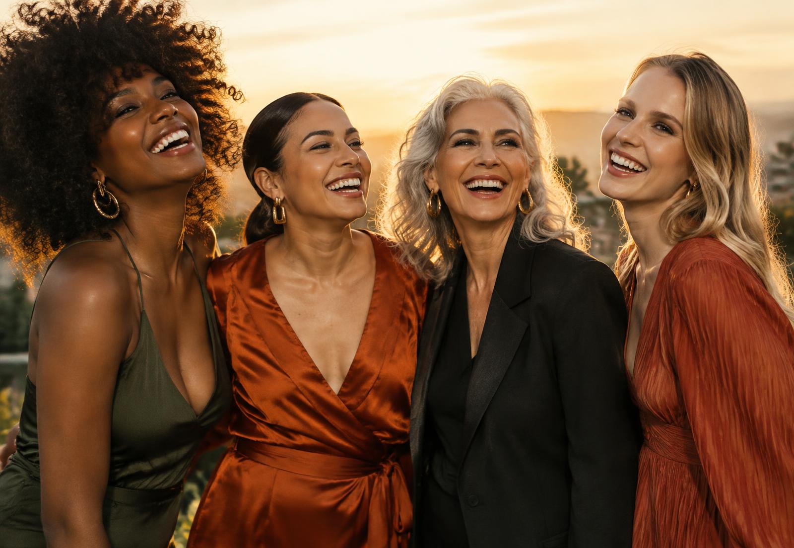 Four women of different ages laughing together at sunset